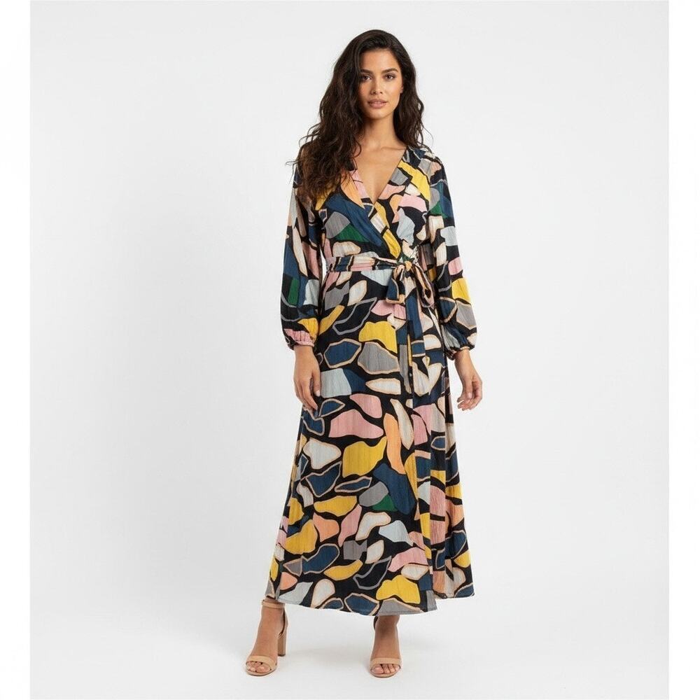 True Destinations Abstract V Neck Long Sleeve Maxi Dress Medium Resort Cotton